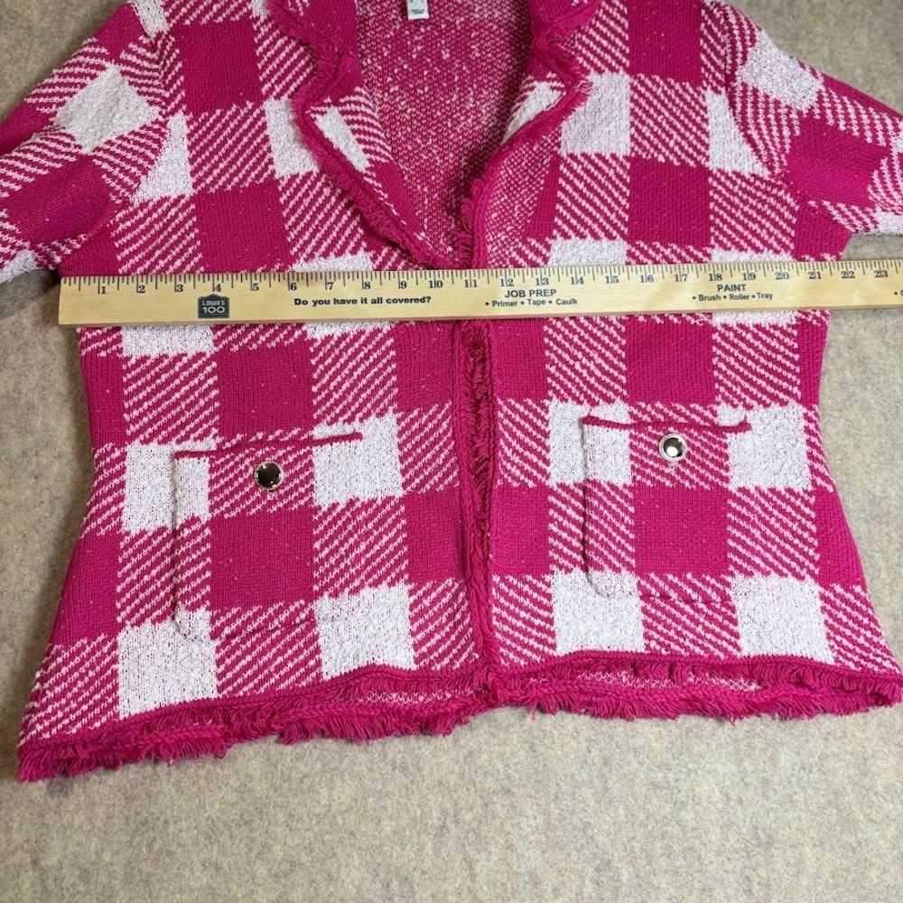 Isaac Mizrahi Cardigan Women Medium Pink Gingham Knit Blazer Fringe Preppy Fun - Picture 6 of 9